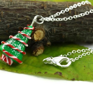 Christmas Tree Necklace - Peppermint Swirl Candy Holiday Cute Miniature Folk Whimsical Hostess Nature Novelty Nostalgic Winter Festive Gift