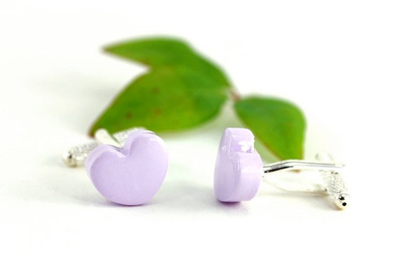 Lavender Lilac Cufflinks, Sweetheart Father's Day New Dad Valentines Birthday Groom Quirky Gift idea Romantic Pastel Purple Love Heart Shape image 2