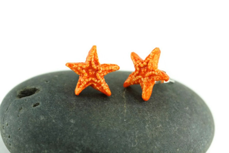 Sugar Starfish Earrings, Eco-Friendly, Orange Sea Star, Little Mermaid, Beach Ocean Earrings, Nautical Jewelry, Aquamarine Earrings image 3