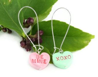 Conversation Heart Earrings, Be Mine XOXO, Candy Heart Earrings, Sweetheart Earrings, Valentine Love Heart Earrings, Candy heart jewelry
