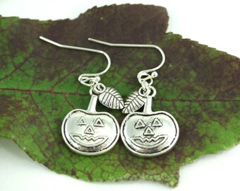Halloween Pumpkin Dangle Earrings, Sterling Silver Plated