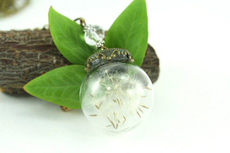 Dandelion Necklace, Dandelion Globe Necklace, Dandelion Jewelry, Personalized Jewelry, Rustic Botanical Real Seeds, Personalized Birthstone image 2