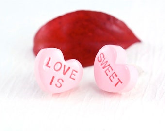 Candy Heart Earrings, Love Heart Valentine Earrings, Quirky Valentine Jewelry, Conversation Heart Earrings, Sweet Tart Sweetheart Earrings