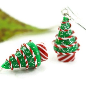 Christmas Earrings, Peppermint Candy Holiday Jewelry Miniature Tree Folk Whimsical Hostess Novelty Nostalgic Winter Festive Teacher's Gift