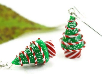 Christmas Earrings, Peppermint Candy Holiday Jewelry Miniature Tree Folk Whimsical Hostess Novelty Nostalgic Winter Festive Teacher's Gift