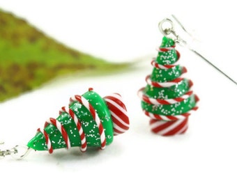 Christmas Tree Earrings, Peppermint Candy, Holiday Jewelry