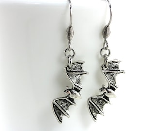 Bat Dangle Earrings, Stainless Steel Halloween Jewelry