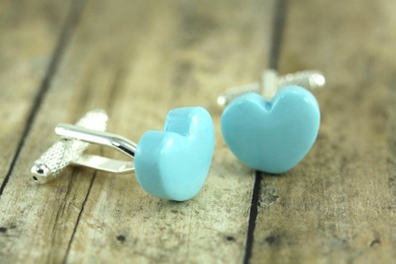 Sky Blue Cufflinks, Sweetheart Father's Day New Dad Valentines Birthday Groom Quirky Gift idea Romantic Pastel Baby Blue Love Heart Shape image 4