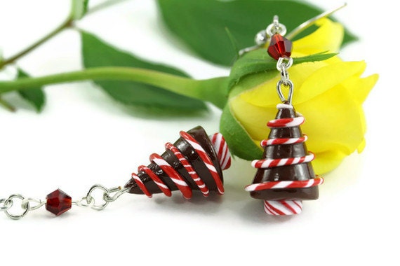 Christmas Tree Earrings, Peppermint Swirl, Holiday Jewelry