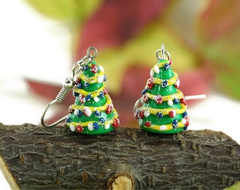 Christmas Earrings, Holiday Earrings, Christmas Jewelry, Miniature Christmas Tree, Whimsical Earrings, Teacher Appreciation Stocking Stuffer