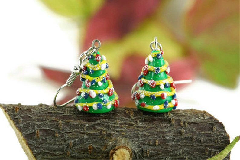 Christmas Earrings, Holiday Earrings, Christmas Jewelry, Miniature Christmas Tree, Whimsical Earrings, Teacher Appreciation Stocking Stuffer image 1