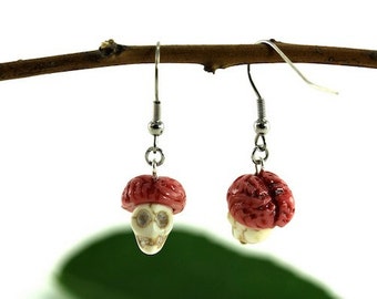 Brain Skull Earrings, Zombie Earrings, Quirky Halloween Jewelry, Macabre Earrings, Halloween Earrings, Goth Earrings, Grunge Creepy Jewelry