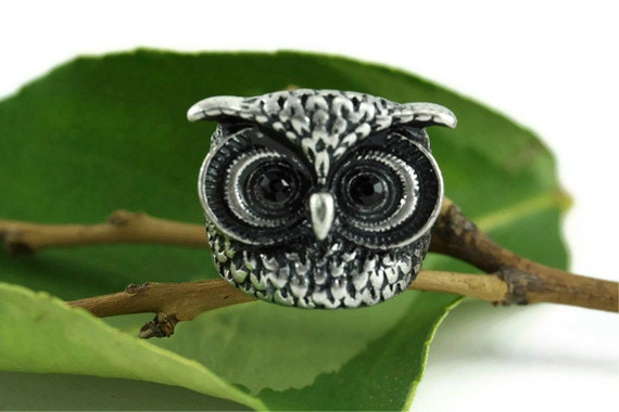 Vintage Wise Owl Statement Metal Ring With Diamante and Black 