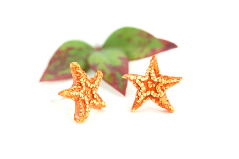 Sugar Starfish Earrings, Eco-Friendly, Orange Sea Star, Little Mermaid, Beach Ocean Earrings, Nautical Jewelry, Aquamarine Earrings image 5