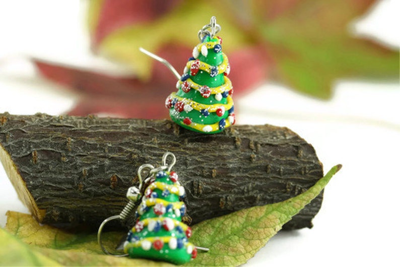 Christmas Earrings, Holiday Earrings, Christmas Jewelry, Miniature Christmas Tree, Whimsical Earrings, Teacher Appreciation Stocking Stuffer image 4