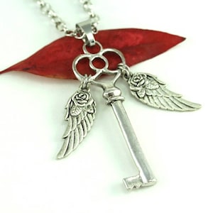 Flying Key Necklace, Flying Key Jewelry, Key Pendant Necklace, Magic Fantasy Whimsical, Skeleton Winged Key, Statement Necklace, Fairy Tales