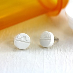 Chill Pill Earrings - Graduation Teacher Gag Gift Pharmacist Nurse Appreciation Medicine Quirky RX Medical Netflix Doctor Humor Pop Culture