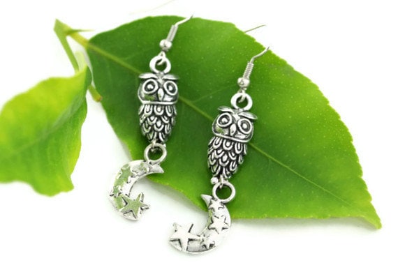 Owl Earrings with Moon and Stars, Whimsical Jewelry