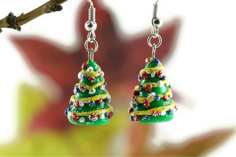 Christmas Earrings, Holiday Earrings, Christmas Jewelry, Miniature Christmas Tree, Whimsical Earrings, Teacher Appreciation Stocking Stuffer image 3