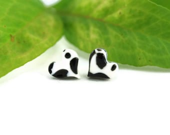 Tiny Cow Spots Heart Earrings, Stainless Steel Posts