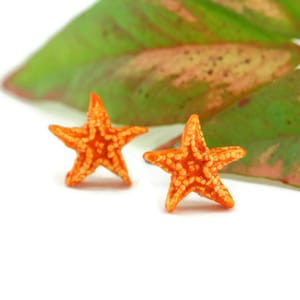 Sugar Starfish Earrings, Eco-Friendly, Orange Sea Star, Little Mermaid, Beach Ocean Earrings, Nautical Jewelry, Aquamarine Earrings image 4