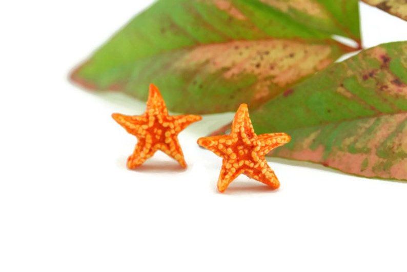 Sugar Starfish Earrings, Eco-Friendly, Orange Sea Star, Little Mermaid, Beach Ocean Earrings, Nautical Jewelry, Aquamarine Earrings image 4