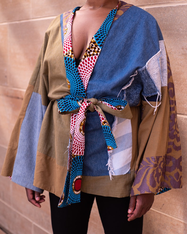 Reversible Kimono Jacket Top African Print Denim Cotton Patchwork Handmade Custom One of a Kind Unisex Womens image 3