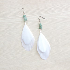 White Goose Feather Earrings: Mint Agate Aventurine, Sterling Silver Hooks