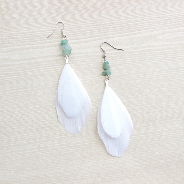 Feather Earring, Mint Agate & Natural White Feather, Full White Feather Drop Earring, Aventurine Stone Earring, Beach Wear Accents, Bohemian