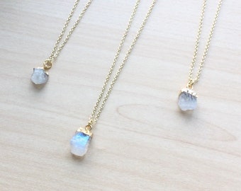Gemstone Necklace, Petite Rainbow Moonstone Pendant, Raw Crystal Pendant, Birthstone Jewelry, Gold Tones,
