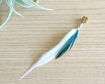 Feather Ear Cuff, Brass Cuff, Ear Clip, Natural Feather Jewelry, Teal Feather Earring Cuff, Boho Style, Long Feather Earring (SINGLE)