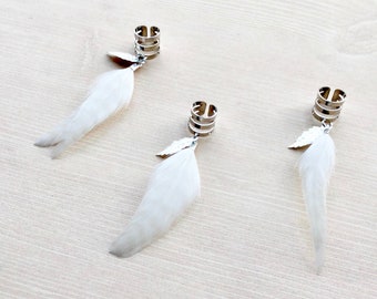 Feather Ear Cuff, Ear Clip, Silver Cuff, White Feather Jewelry, Hippie Style (SINGLE)