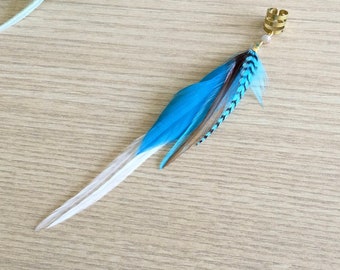 Feather Ear Cuff, Brass Cuff, Ear Clip, Natural Feather Jewelry, Blue Feather Earring Cuff, Boho Style, Long Feather Earring (SINGLE)