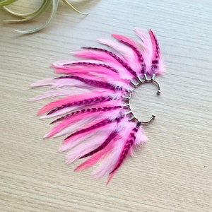 Feather Ear Wrap, Silver Tone, Ear Cuff with Feathers, Wedding Jewelry, Pastel Pink Feather Earring, Cuff for Ear, Festival Jewelry