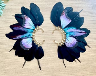 June Bloom Butterfly Collection Feather Ear Wraps, Silver tone, sold as a pair, Bridgerton Inspired