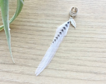 Feather Ear Cuff, Ear Clip, Silver Cuff, White and Black Feather Jewelry, Dangle Ear Cuff with Feathers, Hippie (SINGLE)