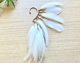 Feather Ear Wrap, Gold Tone, Ear Cuff with Feathers, White, Feather Cuff, Natural Feather Earring, Wrap/ cuff with Beads, Festival