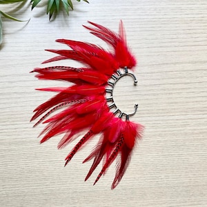 Feather Ear Wrap, Ear Cuff with Feathers,  Natural and Hand Dyed Feathers, Cuff for Ear, Festival Jewelry, Statement Earring, Flame Red