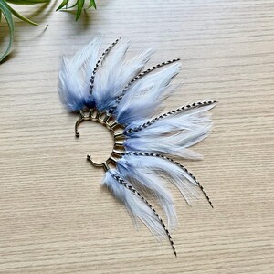 Feather Ear Wrap, Ear Cuff with Feathers,  Natural and Hand Dyed Feathers, Cuff for Ear, Festival Jewelry, Statement Earring, White and Gray