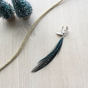 Feather Ear Cuff, Ear Clip, Silver Cuff, Teal and Black Feather Jewelry, Renaissance Style, Boho SINGLE image 2