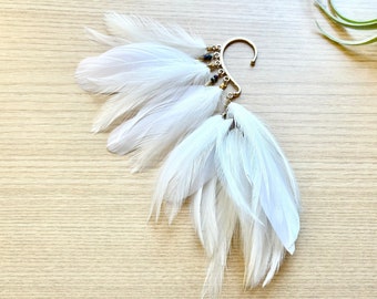 Feather Ear Wrap, Gold Tone, Ear Cuff with Feathers, White, Feather Cuff, Natural Feather Earring, Wrap/ cuff with Beads, Festival