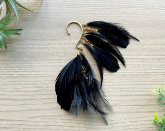 Feather Ear Wrap, Gold Tone, Ear Cuff with Feathers, Jet Black, Feather Cuff, Natural Feather Earring, Wrap/ cuff with Beads, Festival