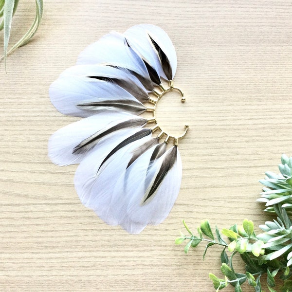 Feather Ear Wrap, Gold Tone, Ear Cuff with Feathers, Wedding Jewelry, Natural White Feather Earring, Cuff for Ear, Festival Jewelry