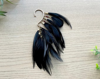 Feather Ear Wrap, Gold Tone, Ear Cuff with Feathers, Jet Black, Feather Cuff, Natural Feather Earring, Wrap/ cuff with Beads, Festival