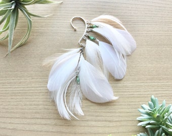 Feather Ear Wrap, Silver Tone, Ear Cuff with Feathers, White Feather Earring, Wedding Jewelry, EDM, Festival Wear, Bohemian Jewelry, Beading