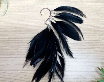 Feather Ear Wrap, Silver Tone, Ear Cuff with Feathers, Jet Black, Feather Cuff, Natural Feather Earring, Wrap/ cuff with Beads, Festival