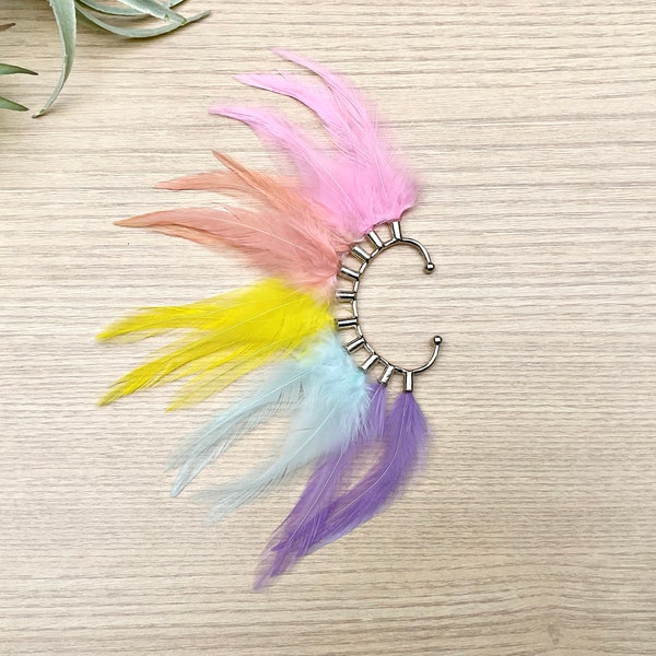 Feather Ear Wrap, Gold Tone, Ear Cuff with Feathers, Wedding Jewelry, Pastel Rainbow Feather Earring, Cuff for Ear, Festival Jewelry