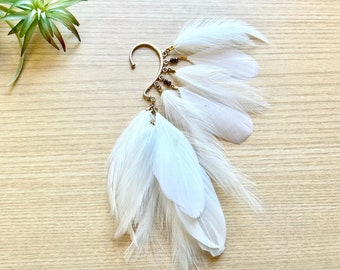 Feather Ear Wrap, Gold Tone, Ear Cuff with Feathers, White, Feather Cuff, Natural Feather Earring, Wrap/ cuff with Beads, Festival