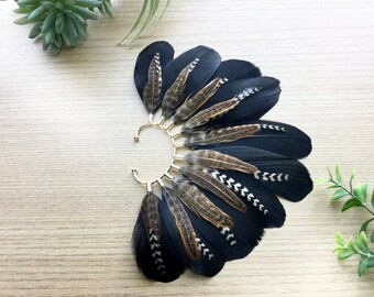NEW! Feather Ear Wrap, Gold Tone, Ear Cuff with Feathers, Wedding Jewelry, Natural Black Feather Earring, Cuff for Ear, Festival Jewelry