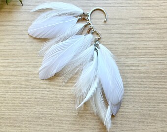 Feather Ear Wrap, Silver Tone, Ear Cuff with Feathers, White, Feather Cuff, Natural Feather Earring, Wrap/ cuff with Beads, Festival